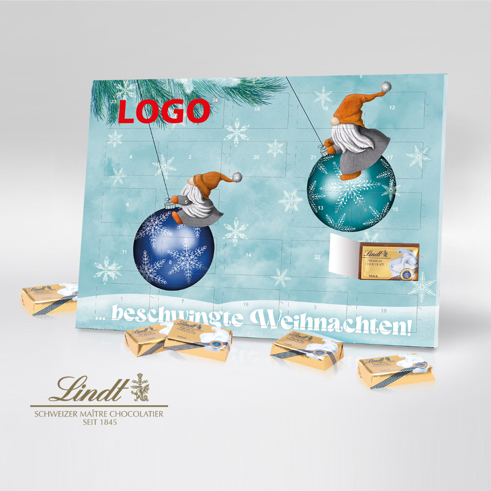 Lindt Adventskalender mit Schokolade, winterlichem Design in Blau mit Schneeflocken und Weihnachtswichteln auf Christbaumkugeln – personalisierbar mit Firmenlogo, beschwingte Weihnachten