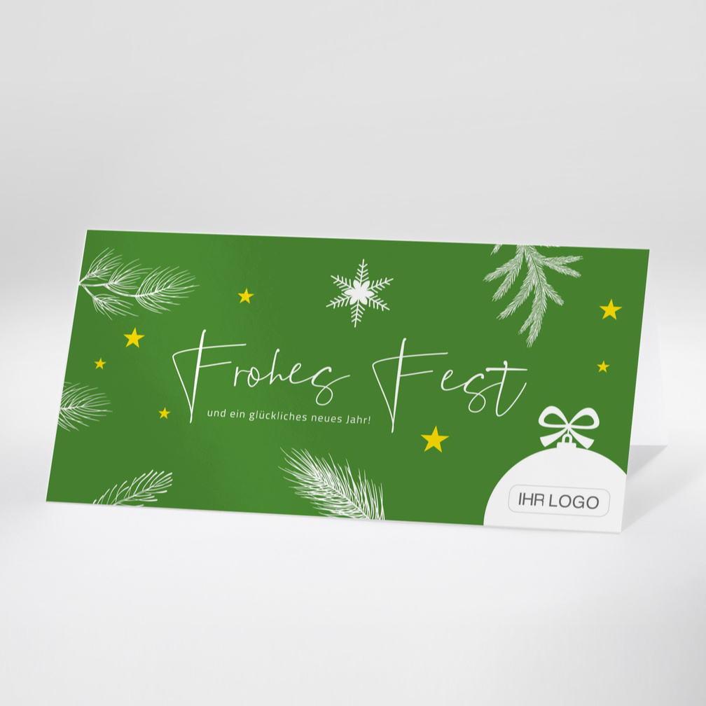 Grüne Weihnachtskarte mit gezeichneten Tannenzweigen, Sternen und dem Text Frohes Fest